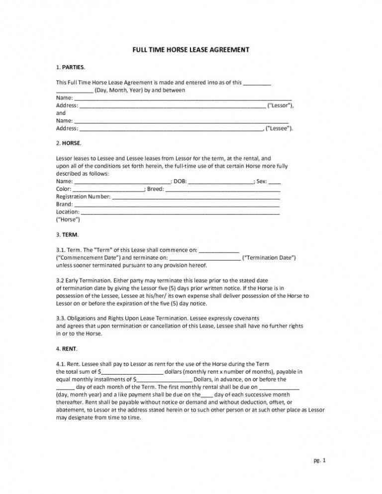 Editable Download Free Full Time Horse Lease Agreement Printable Horse