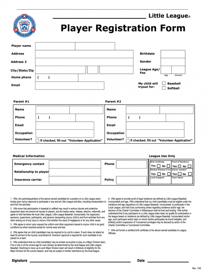Baseball Registration Form Template