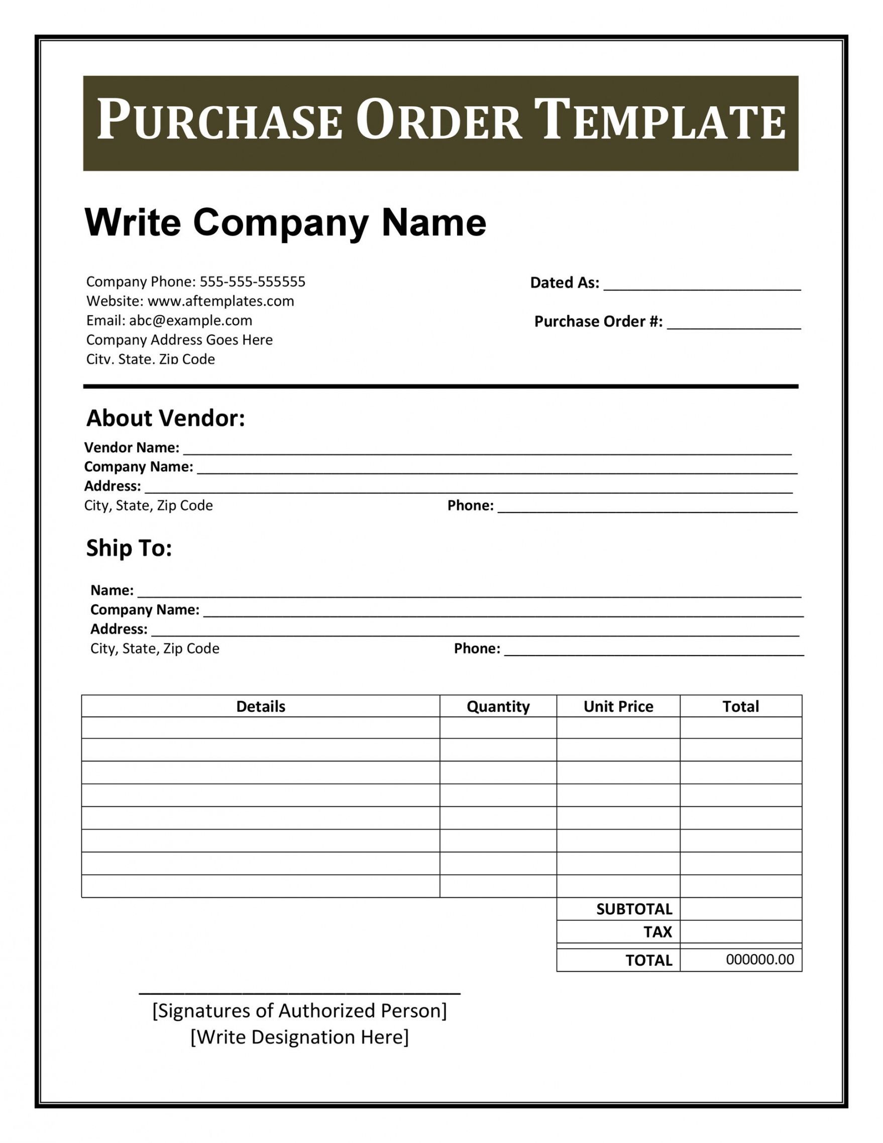 Editable Purchase Order Form Template Addictionary Company Details 