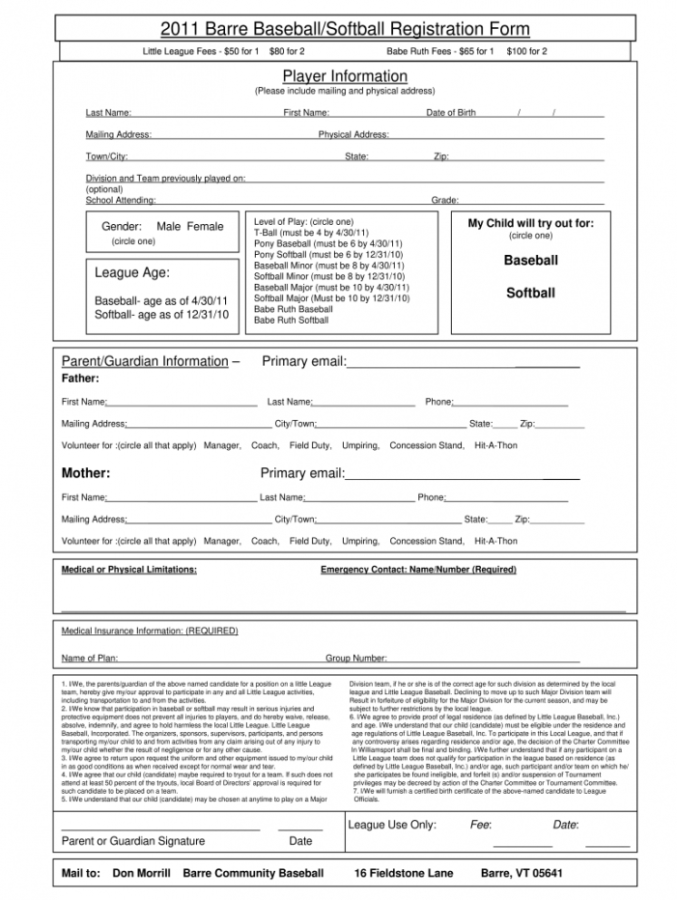 Editable Template Softball Registration Form Template Fill Out And