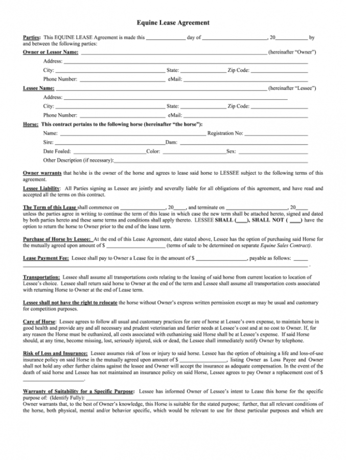 Printable Horse Free Lease Template