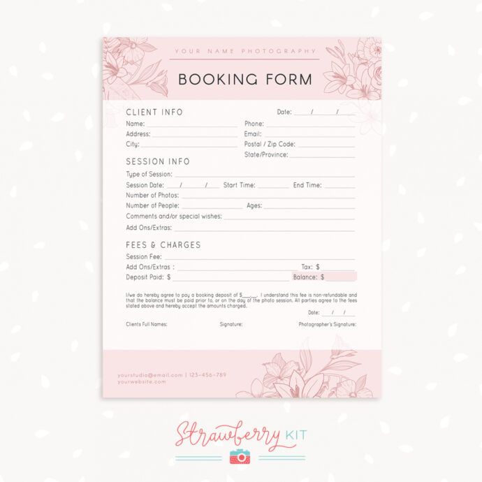 Printable Floral Client Booking Form Template For Photographers Party ...