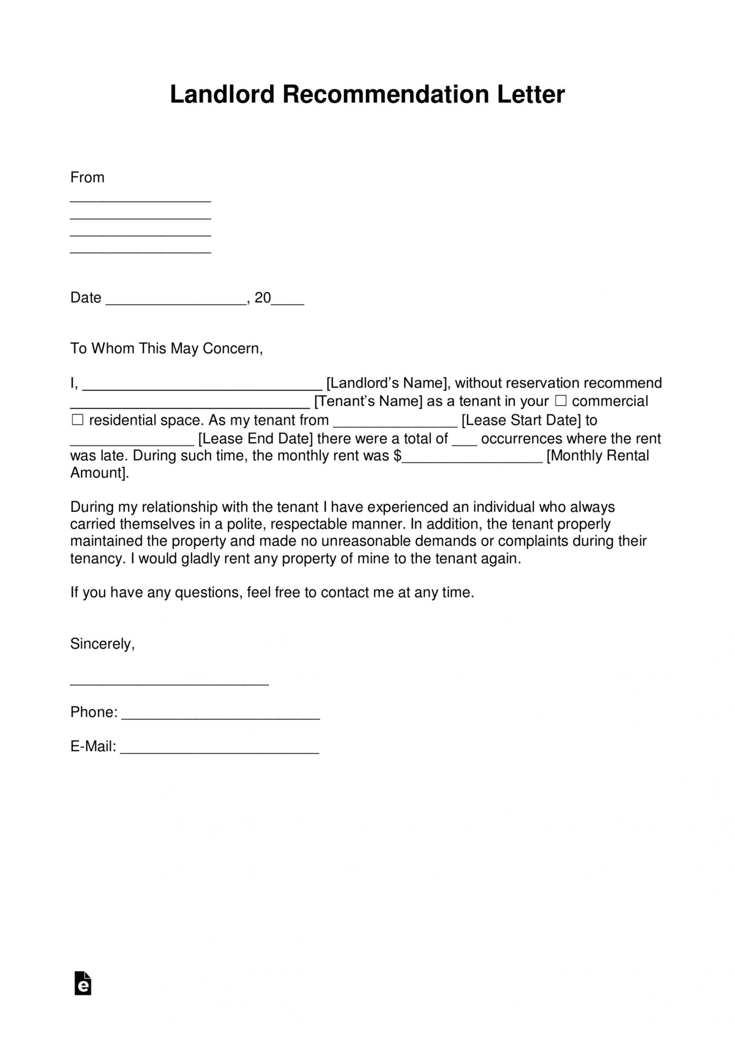 Printable Free Landlord Recommendation Letter For A Tenant With Rental 