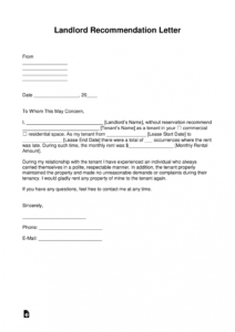 printable free landlord recommendation letter for a tenant  with rental reference form template sample