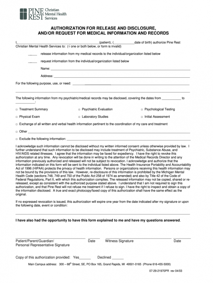 Mental Health Release Of Information Form Template