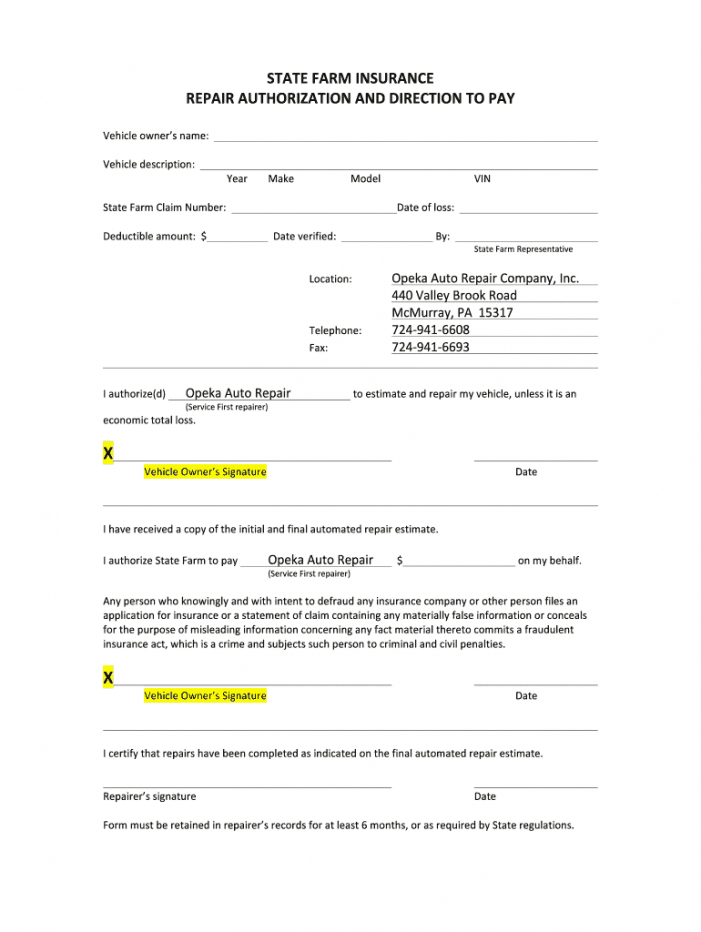 Auto Body Repair Authorization Form