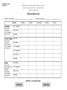 sample daycare menu template  fill online printable fillable child care menu template doc