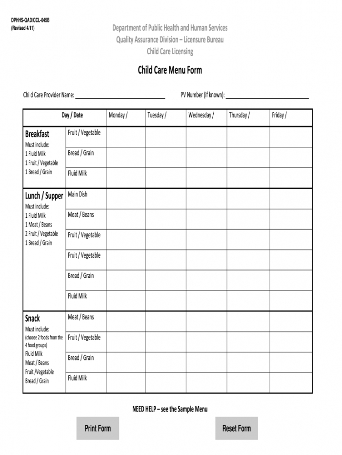 sample daycare menu template  fill online printable fillable child care menu template doc