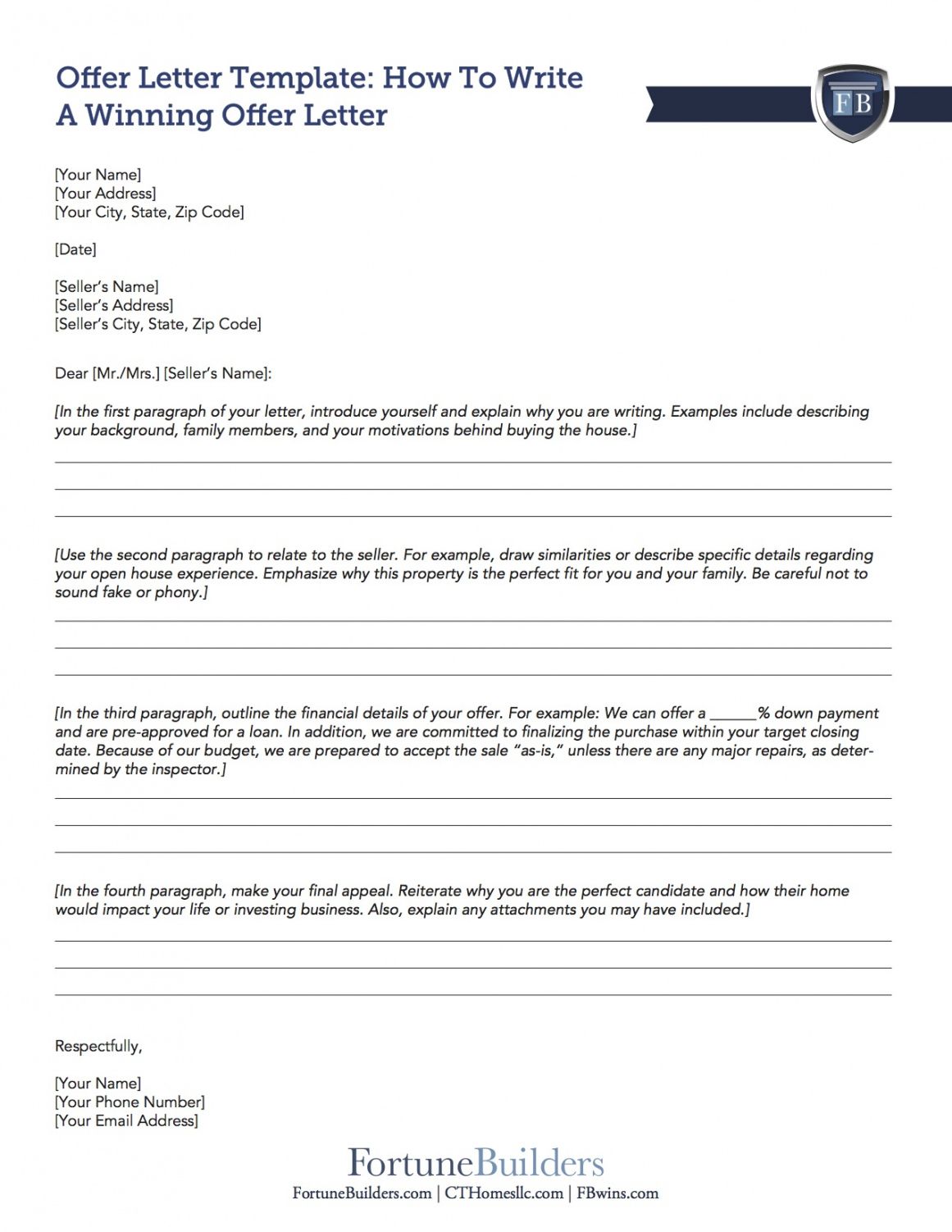 sample free real estate offer letter template  fortunebuilders real estate offer form template word