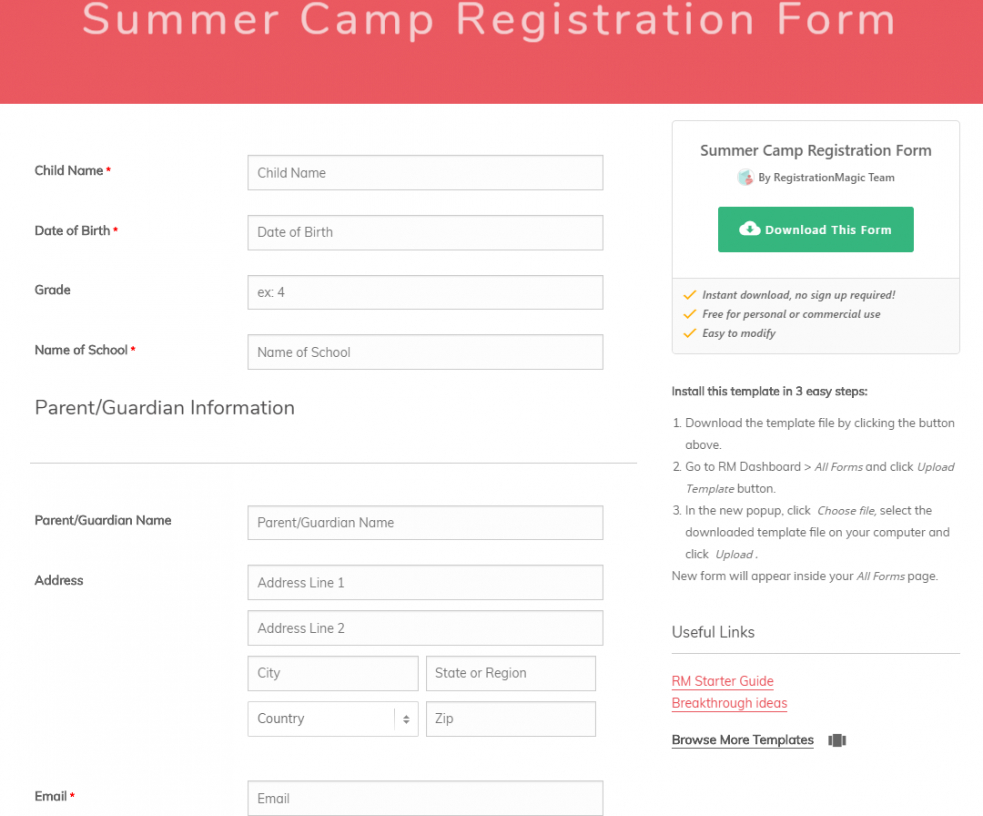 sample summer camp registration forms template frequently used summer camp application form template