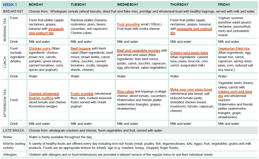 sample twoweek menu for long day care  healthy eating child care menu template excel