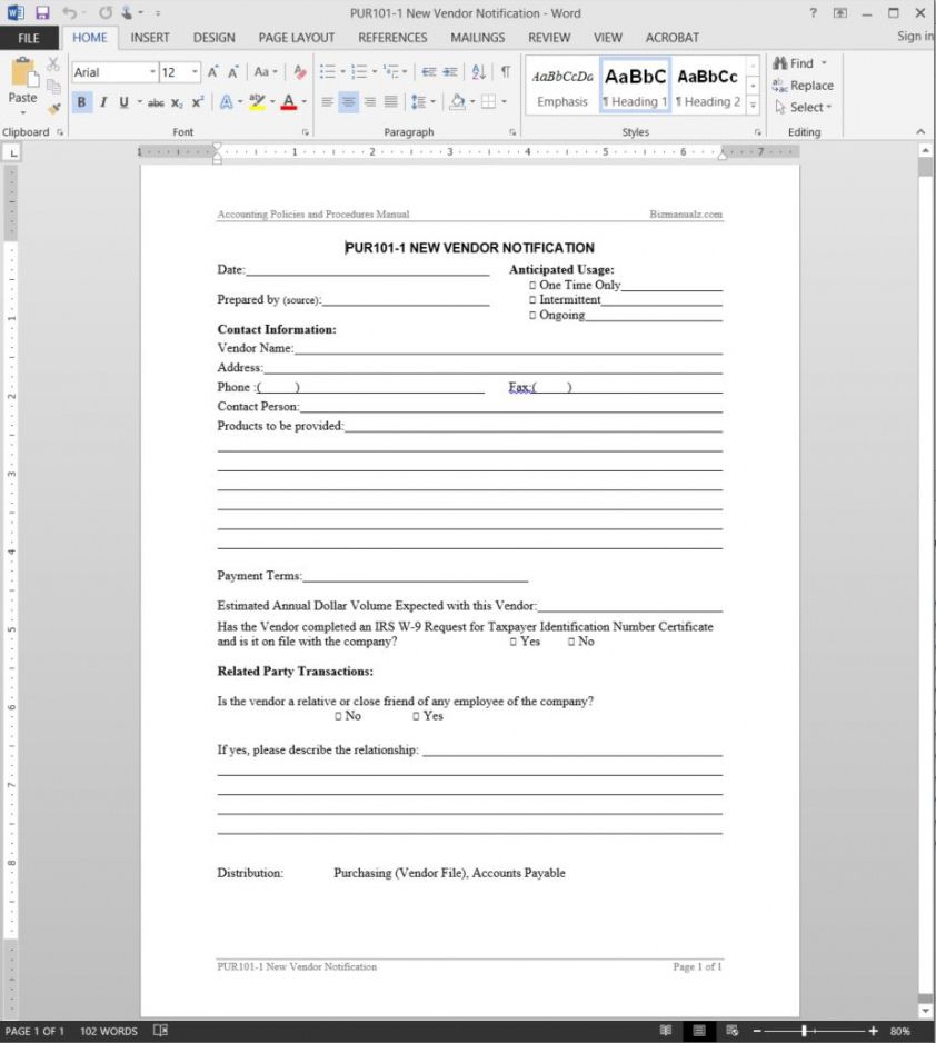 new vendor notice template  pur1011 new vendor request form template excel