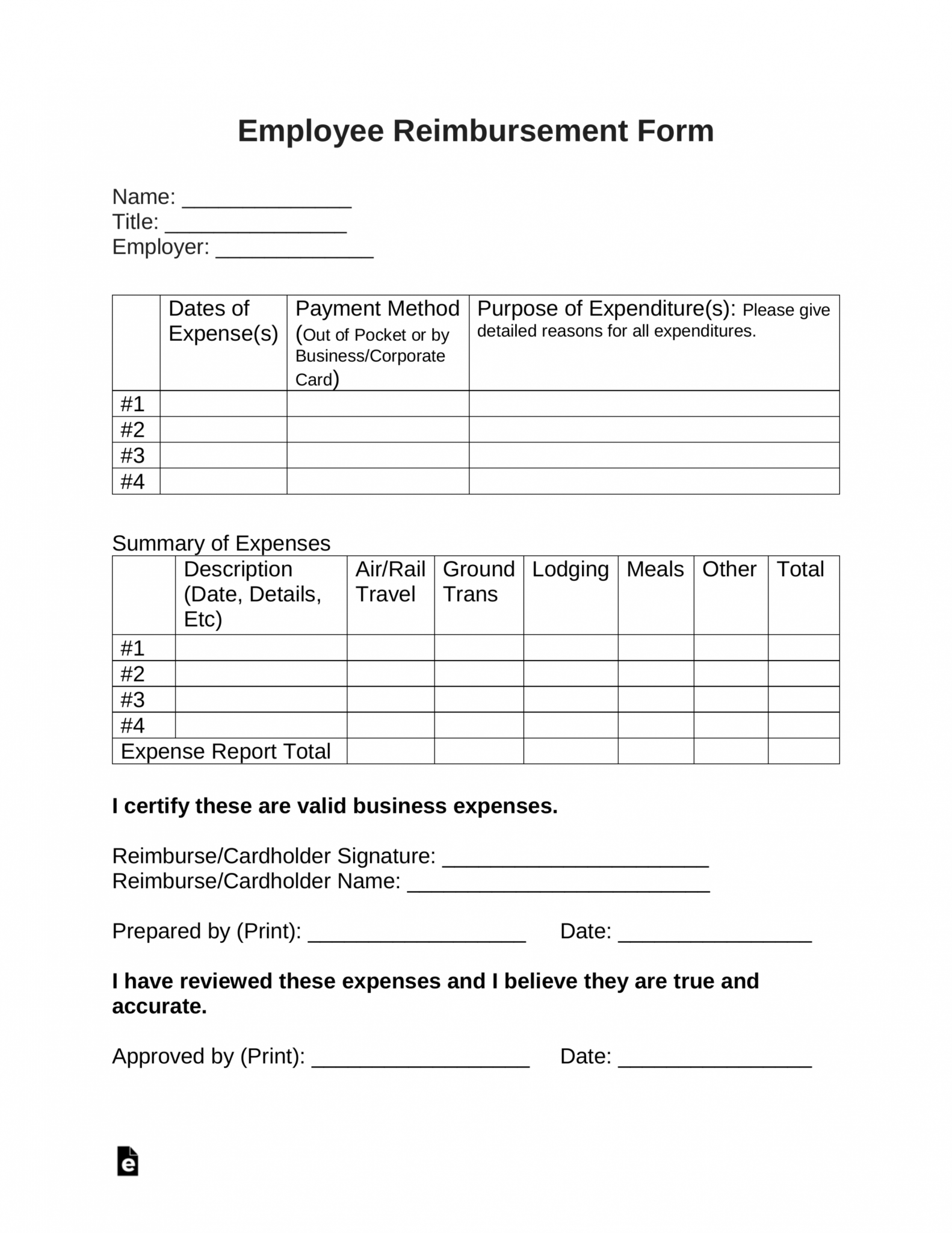 Printable Free Employee Reimbursement Form Pdf Word Eforms ...