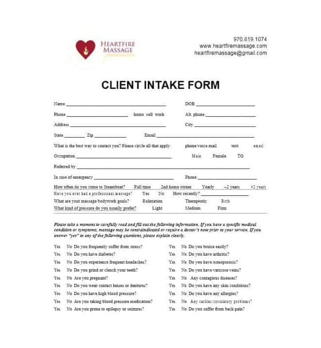 Sample 59 Best Massage Intake Forms For Any Client Printable Facial Client Intake Form Template 5773