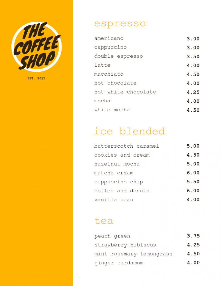 sample coffee shop menu template coffee shop menu template