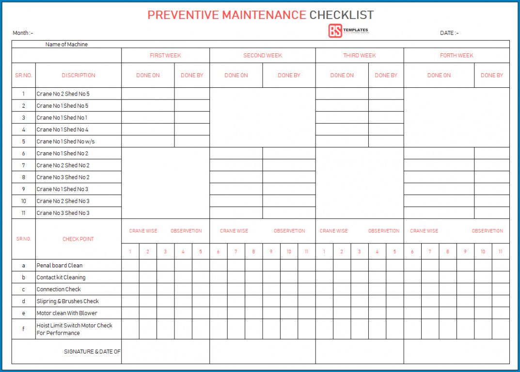 sample √ free printable preventative maintenance checklist preventive maintenance form template example