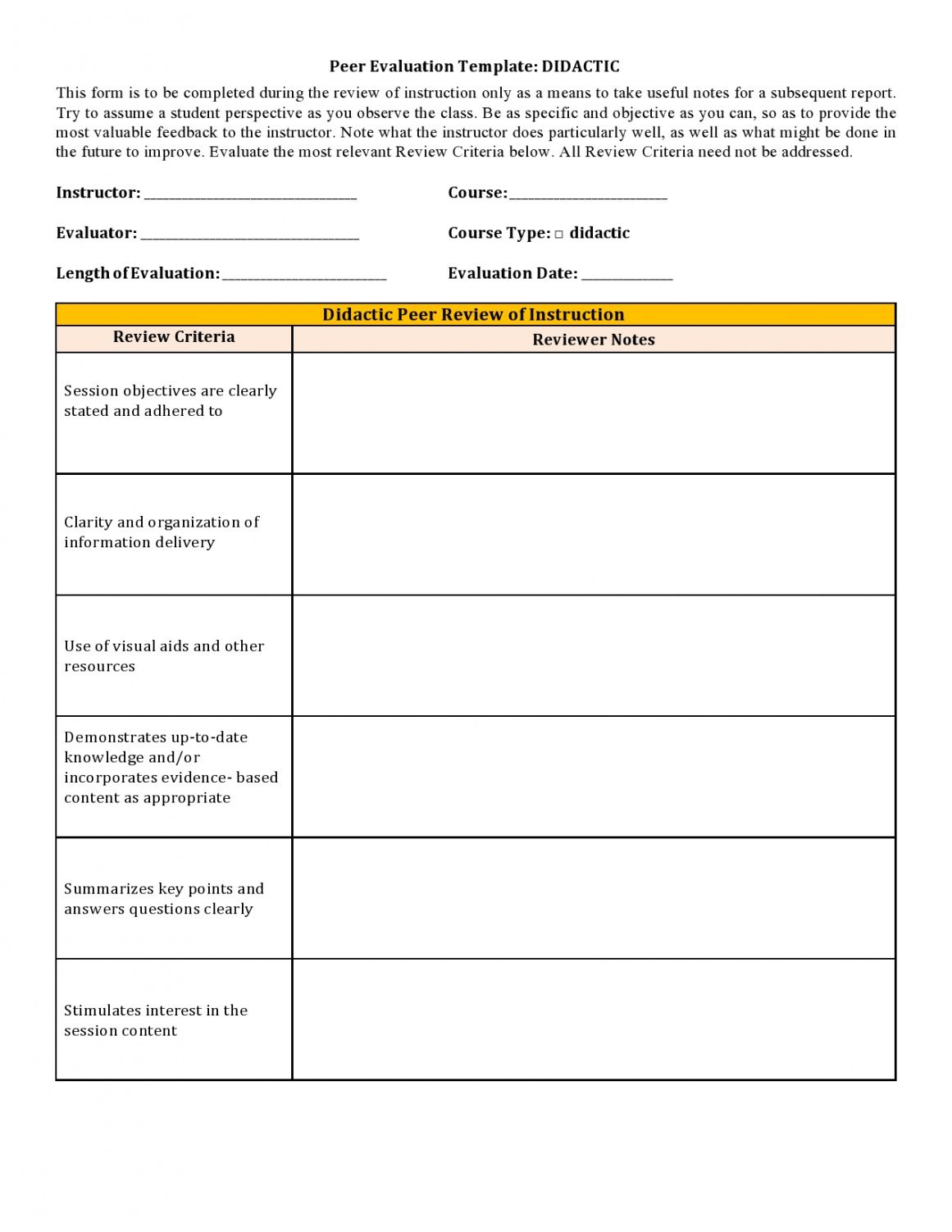 Editable Peer Feedback Form Template  Example