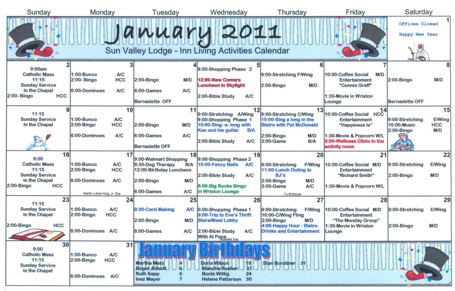 free january assisted living activity calendar  welcome to sun assisted living menu template sample