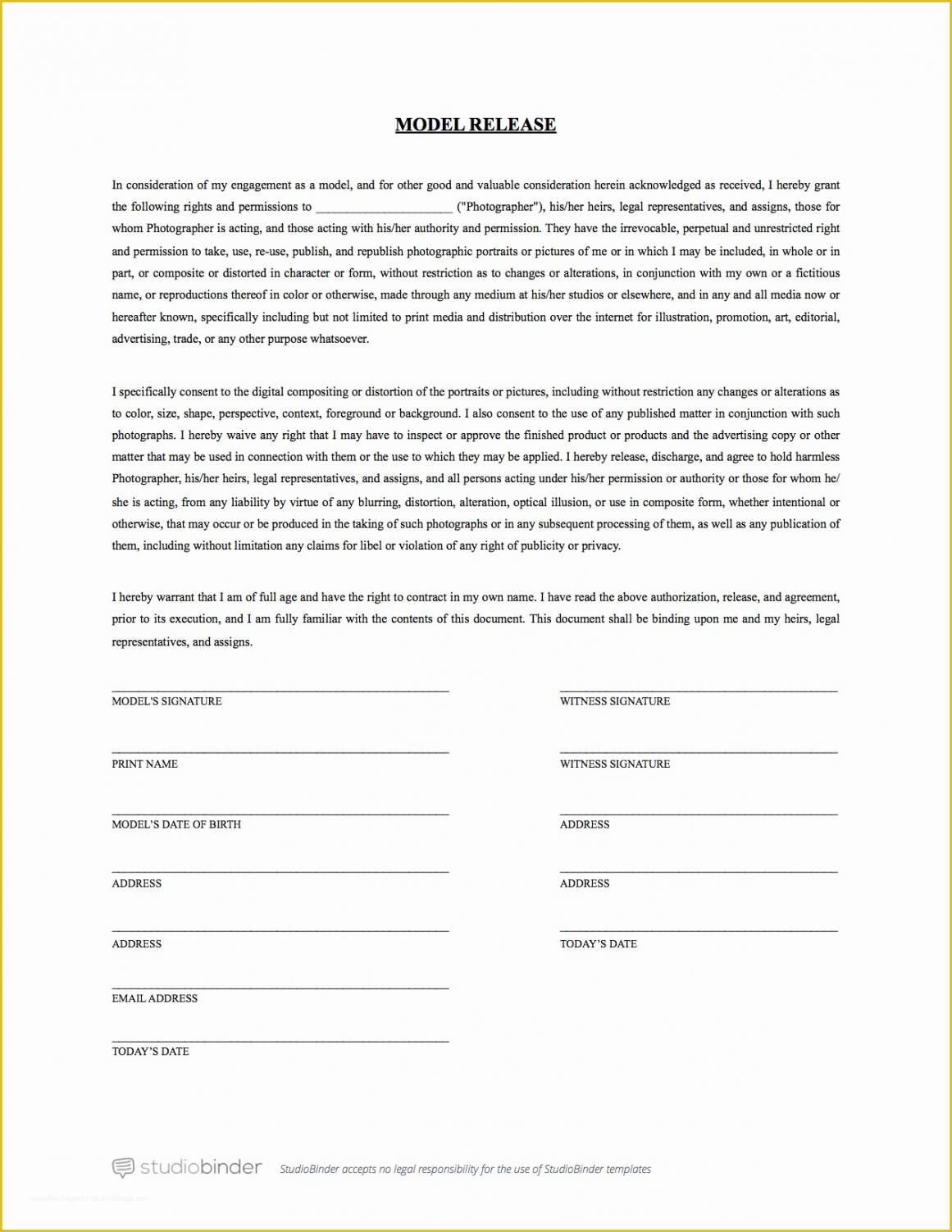 Printable Generic Model Release Form Template Pdf Sample