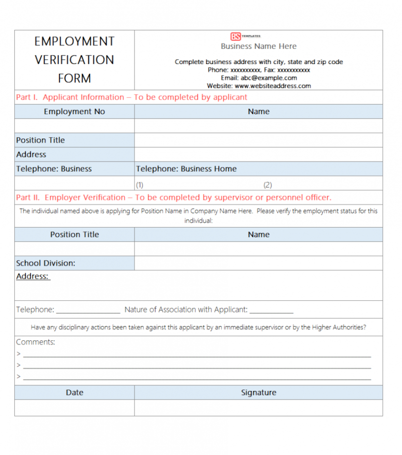 Professional Past Employment Verification Form Template Excel Sample