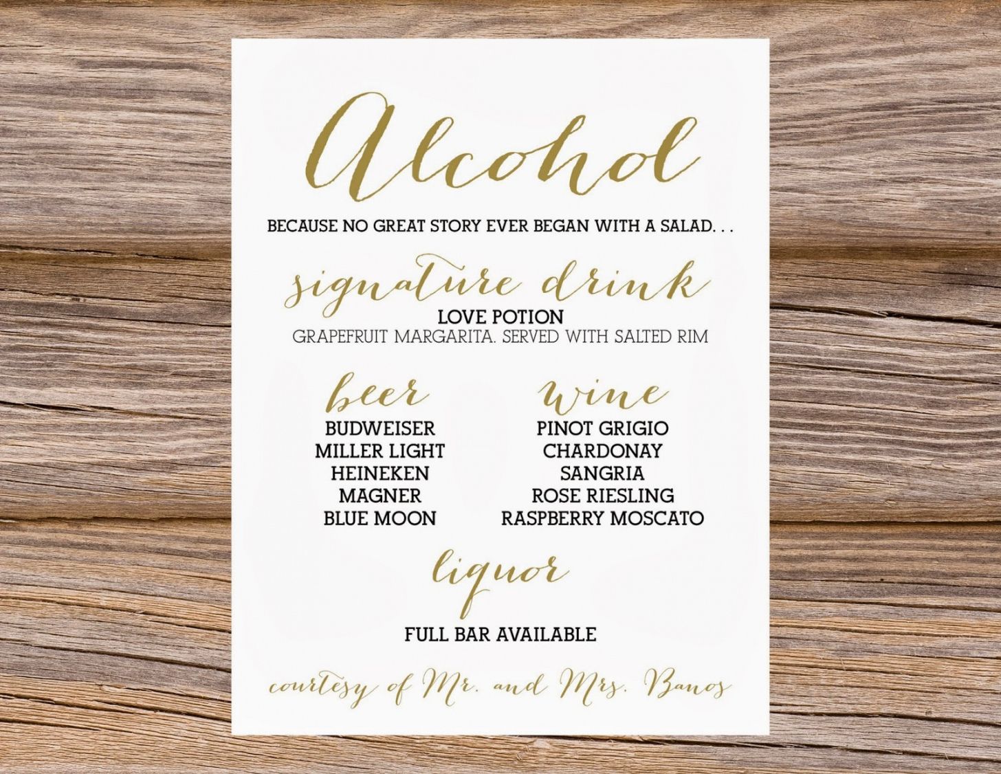 Wedding Drink Menu Template Excel Example