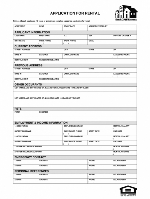 Printable House Rental Application Form Template Pdf Example