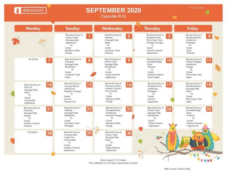 School Breakfast And Lunch Menu Template Sample | Minasinternational