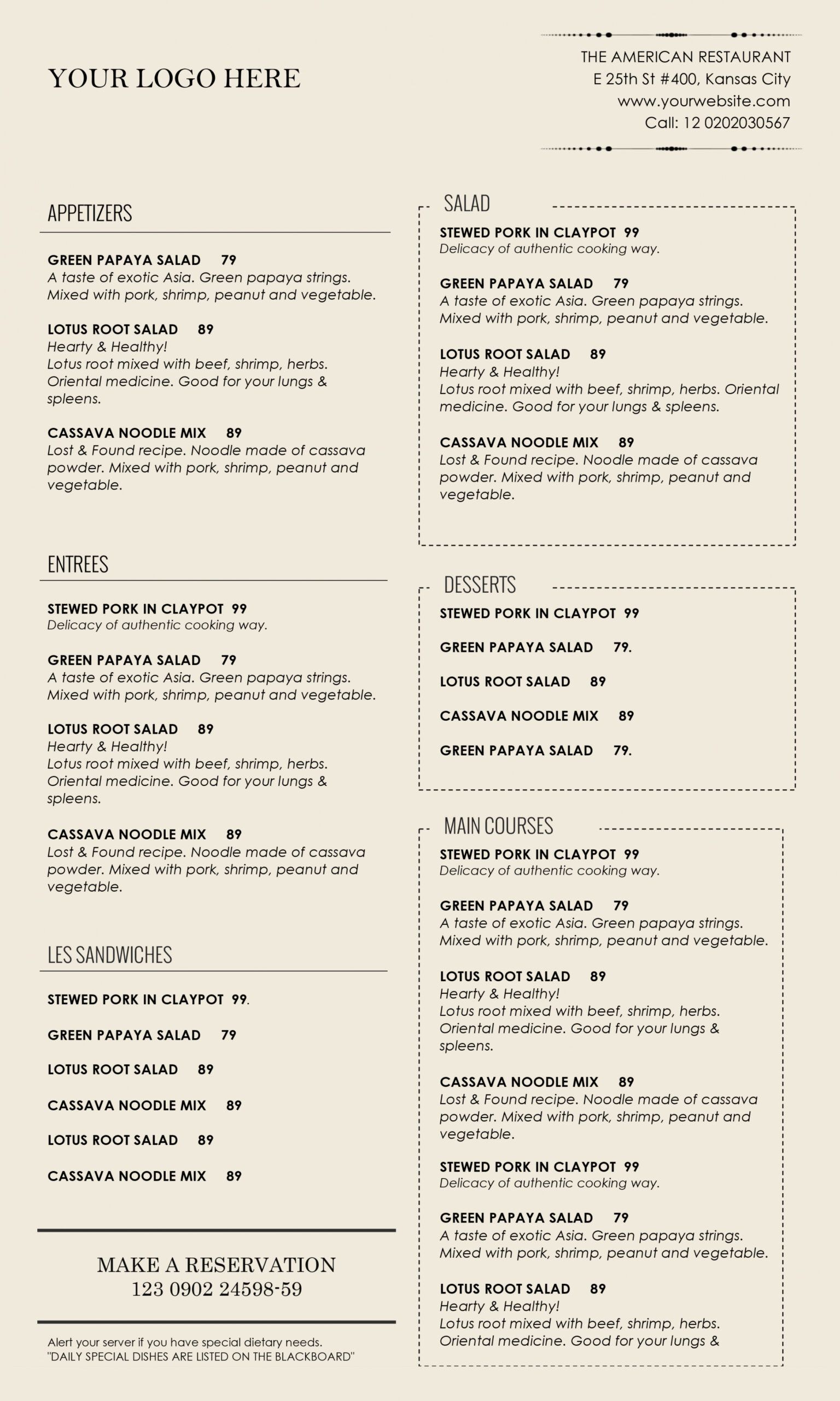 Free Family Restaurant Menu Template Word Sample