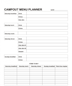 Printable Camping Menu Planner Template Word Example