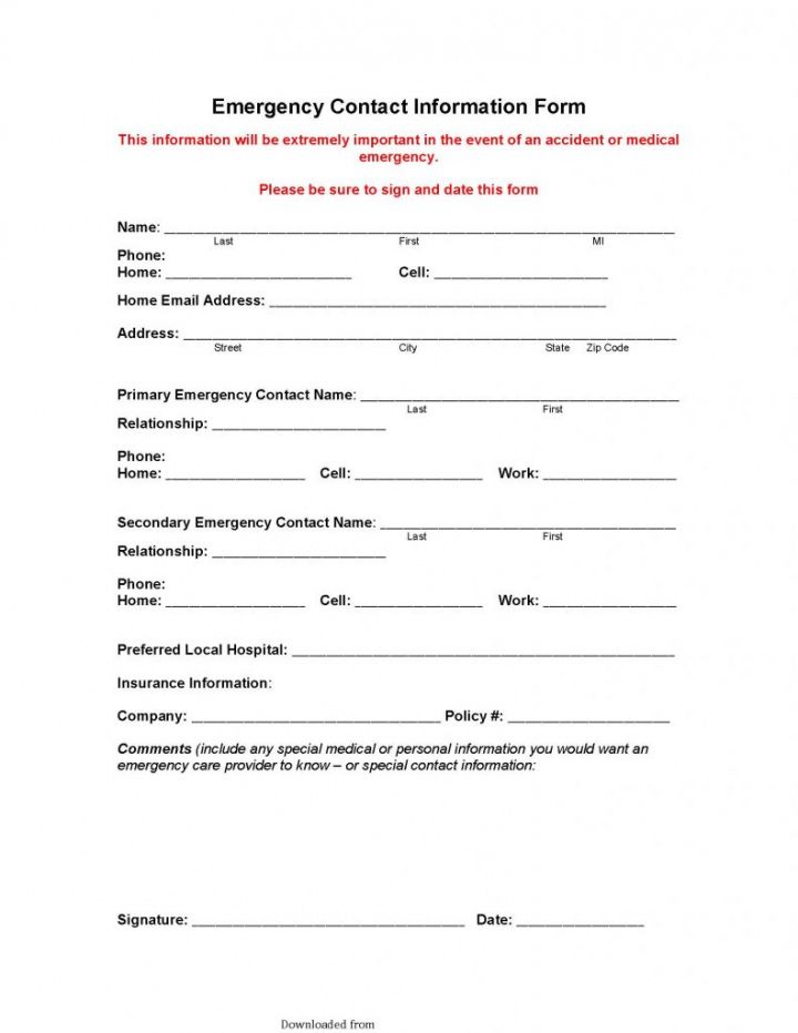 Emergency Medical Information Form Template Word Sample
