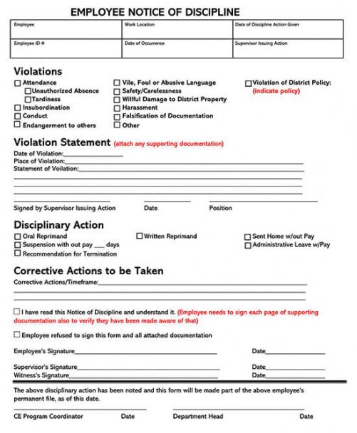 Printable Employee Corrective Action Form Template  Example