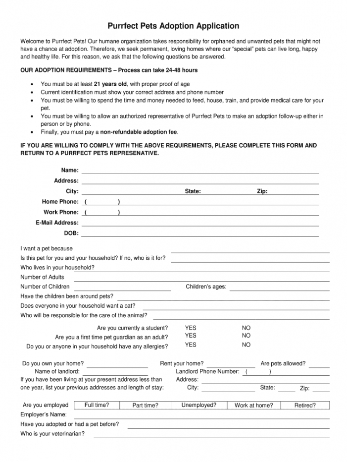 Editable Pet Adoption Form Template Excel Example