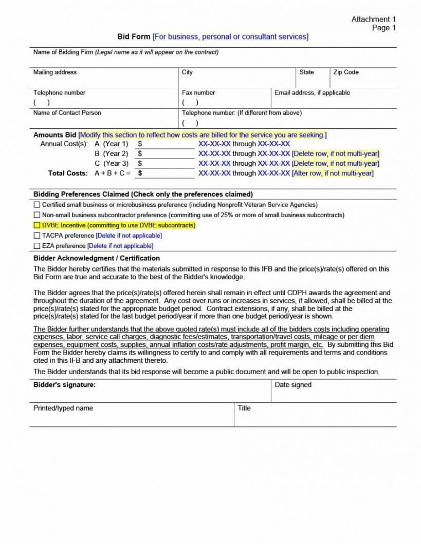 Free Construction Bid Form Template Doc Example
