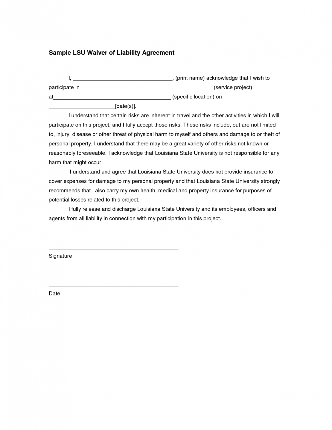 Professional Injury Waiver Form Template Word Sample