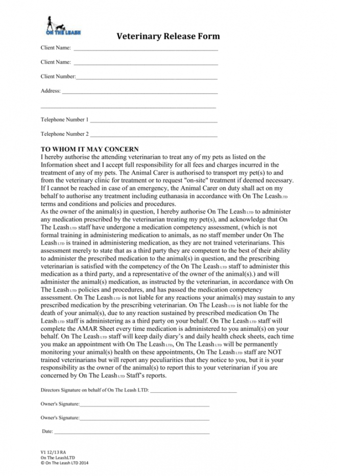 Professional Veterinary Release Form Template  Example