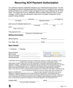Ach Payment Ach Authorization Form Template Excel Sample