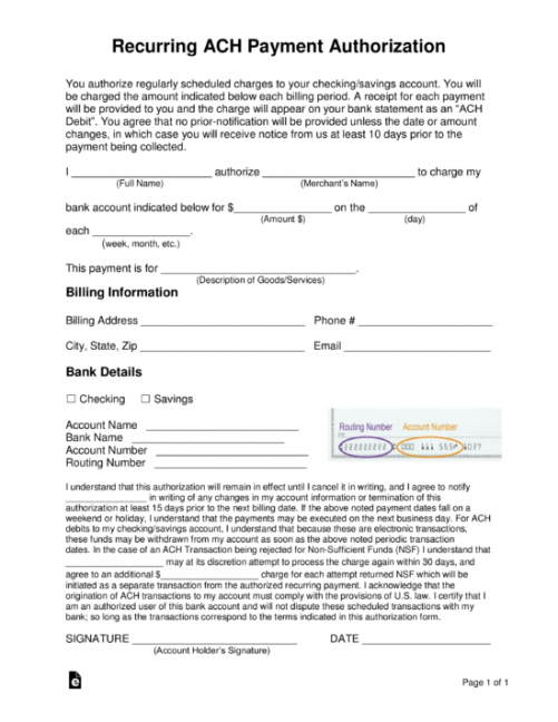 Ach Payment Ach Authorization Form Template Excel Sample