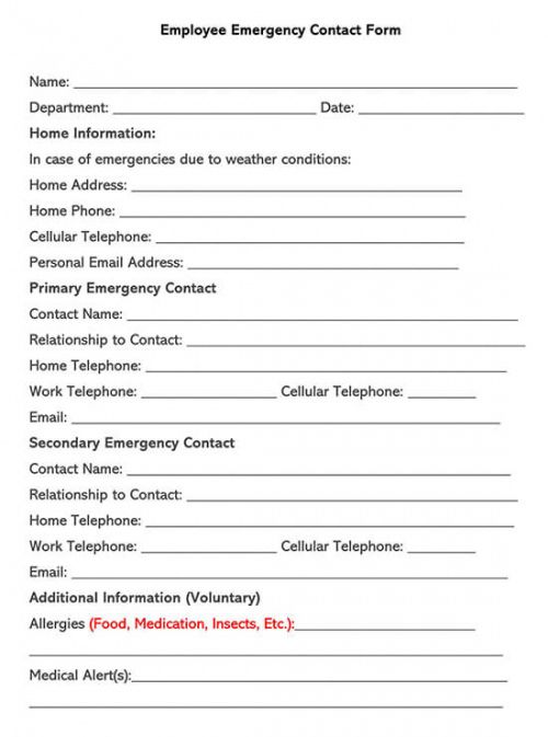 Costum Employer Emergency Contact Form Template Word Example
