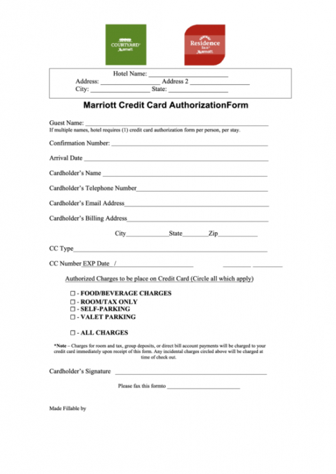 Editable Credit Card Authorization Form Template For Hotel Doc Sample