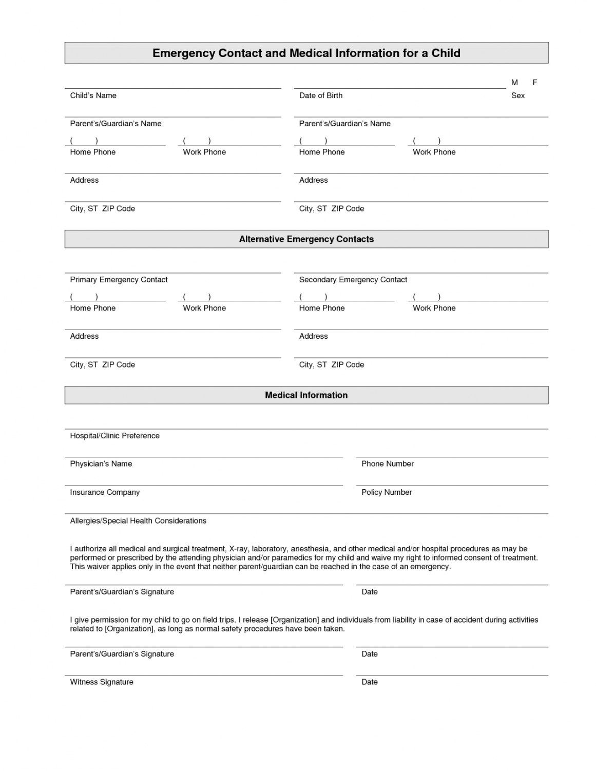 Editable Daycare Emergency Contact Form Template  Sample