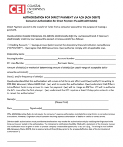 Editable Printable Blank Ach Authorization Form Template Excel