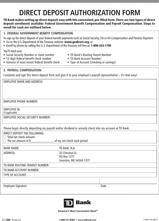 Printable Direct Deposit Form Template