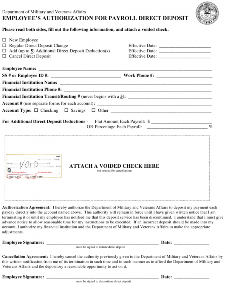 Printable Direct Deposit Payroll Form Template PDF Example