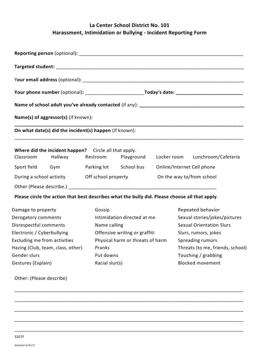 Printable Student Incident Report Form Template Excel