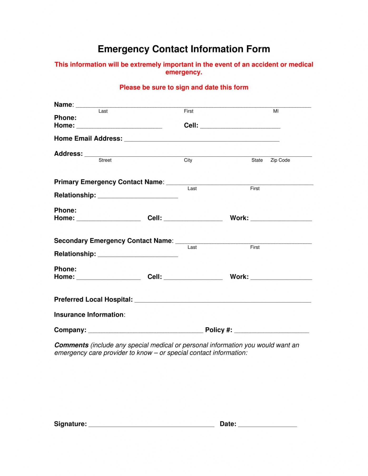 Best Home Emergency Contact Form Template Doc Example
