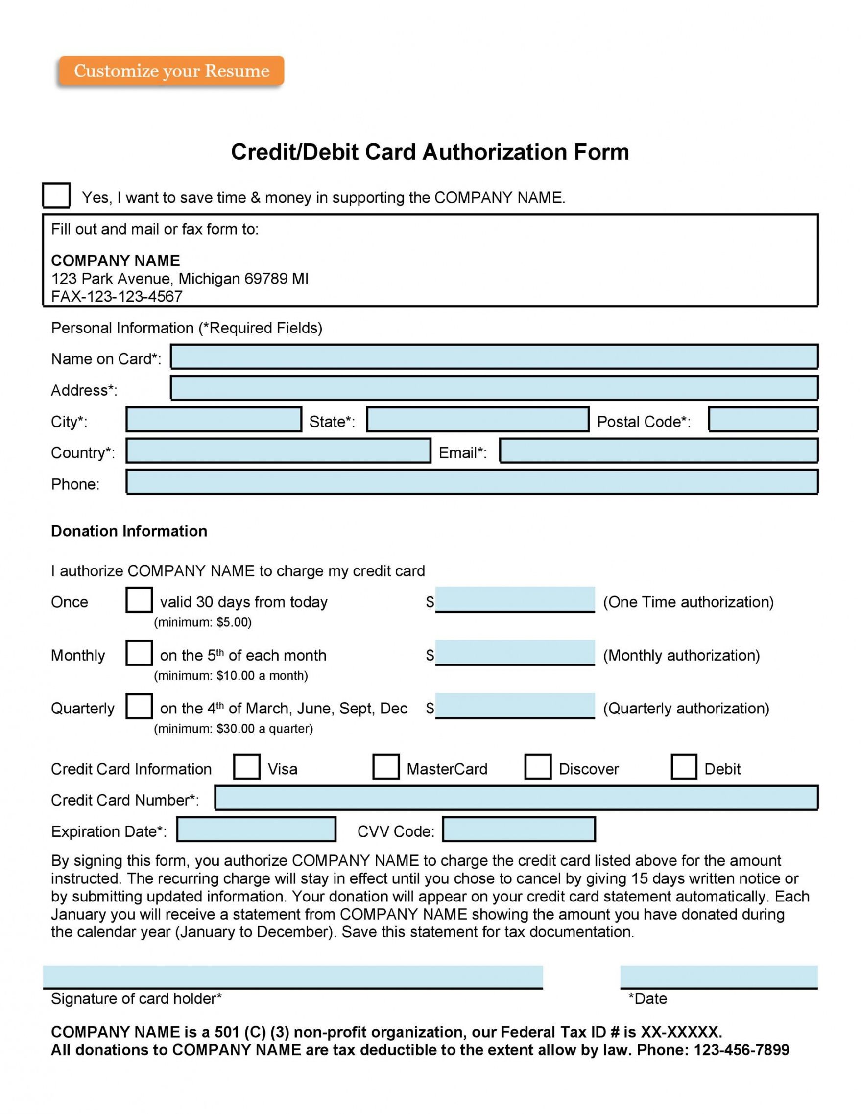 Costum Credit Card Recurring Payment Authorization Form Template Pdf