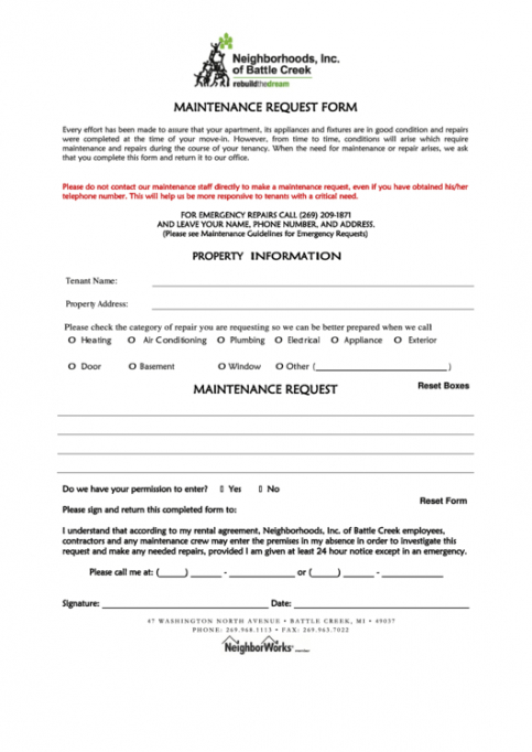 Costum Repair Maintenance Request Form Template Printable Excel Example