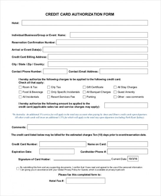 Credit Card Payment Authorization Form Template Doc Sample