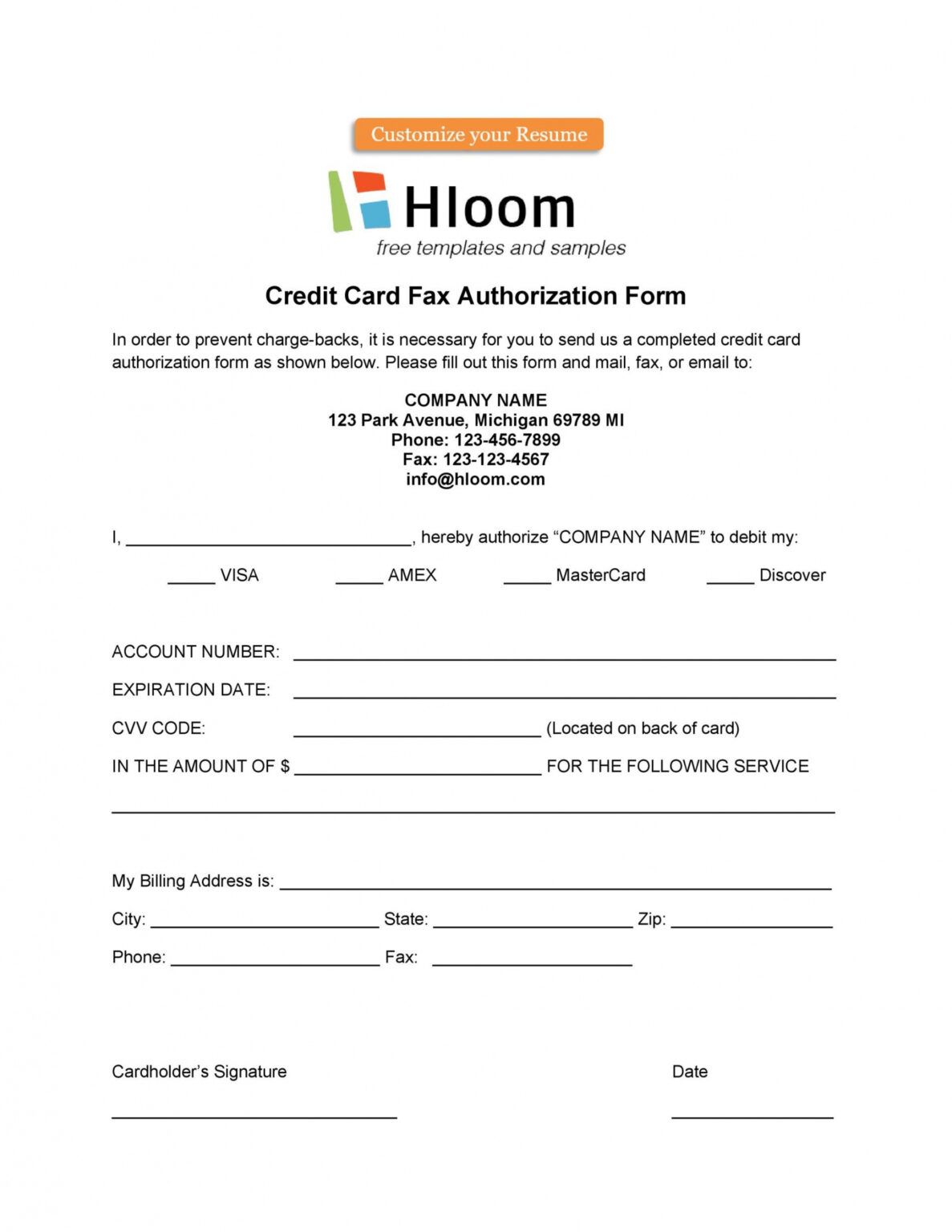 Editable Credit Card Authorization Form Template PDF | Minasinternational