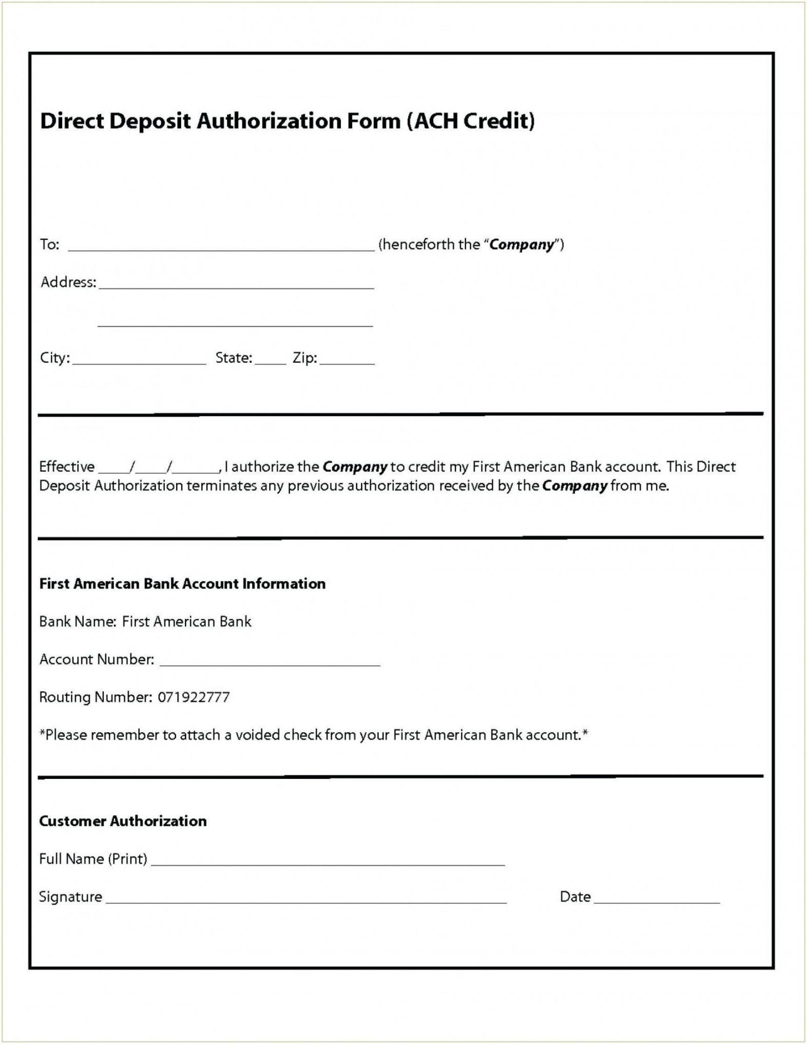 Editable Employee Direct Deposit Authorization Form Template